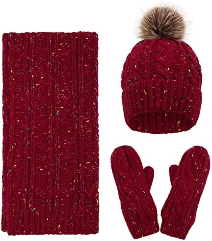 Women Girls Fashion Winter Warm Knitted Hat Beanie Hat Scarf Set, Mix Burgundy