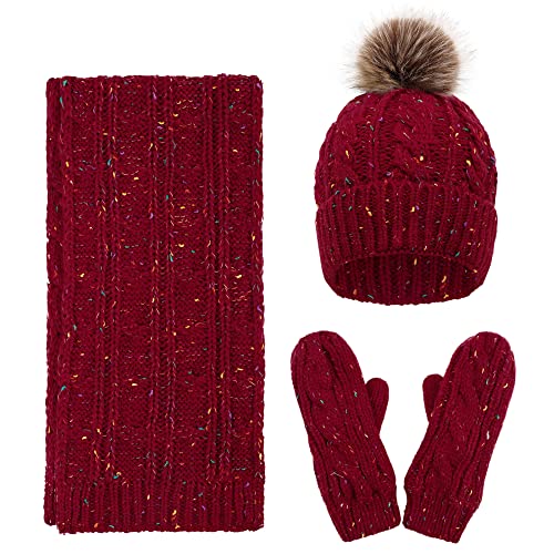 Women Girls Fashion Winter Warm Knitted Hat Beanie Hat Scarf Set, Mix Burgundy #TOP1