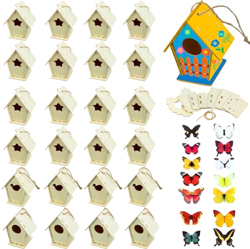 Outus 24 Pcs Wooden DIY Birdhouse Kits for Kids to Build 4 Shapes Birdhouse Kit Wooden Unfinished with Butterfly Sticker for Boy Girl Arts Crafts(Vintage)
