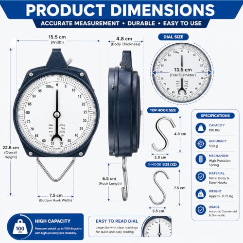 Image of 100 KG Mechanical Hanging Weighing Scale with 2 Steel Hooks | Heavy Duty Analog Manual Weight Machine | Metal Spring Balance Scale for Grocery Shop, Warehouse, Agriculture & Industrial Use