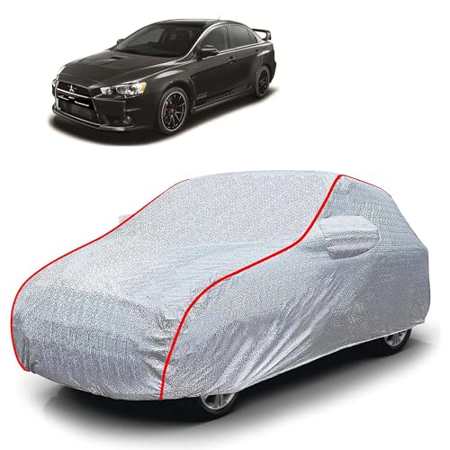 Image of Sulfar 100% Waterproof Car Body Cover Compatible with Mirror for Mitsubishi Lancer Evoloution (Triple Stitched, Full Bottom Elastic, Magic Silver with Red Piping)