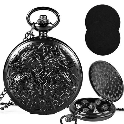 Image of Kabinka DND Dice Set, 7pcs Mini Metal Dice with Pocket Watch Shell, Portable D&D Dic with Necklace, Dungeons and Dragons Dice for RPG(Five-Headed Dragon, Black)