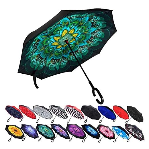 Double Layer Inverted Umbrellas Reverse Folding Umbrella Windproof UV Protection Big Straight Umbrella Inside Out Upside Down for Car Rain Outdoor With C-Shaped Handle