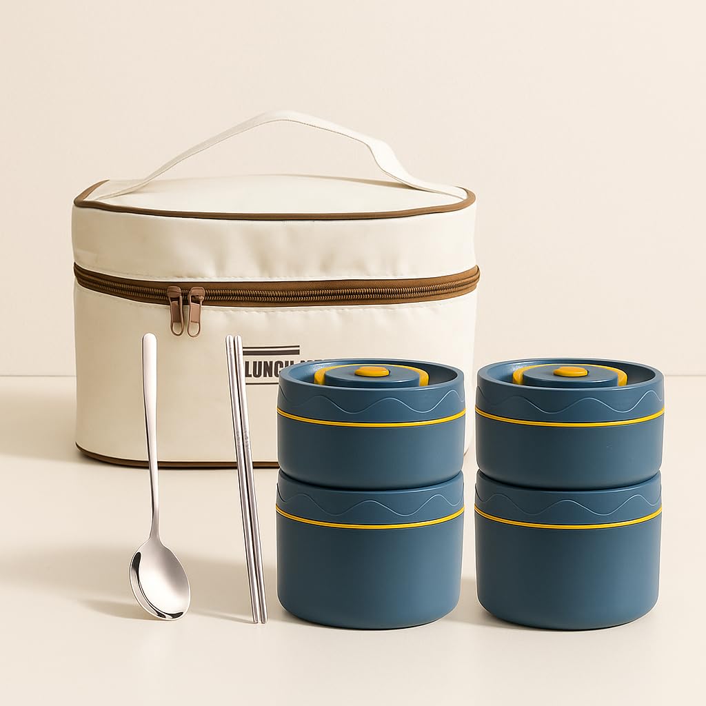 YELONA 1940 ML Stainless Steel 2 Layer Bento Lunch/Tiffin Box with Bag, Thermal Portable Foam Insulated Food Container Set,Stackable Reusable for Student, Office, College, Picnic - (Blue)