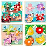 4-teilige Puzzles für 2-Jährige, Bauernhof, Dinosaurier, Früchte und Meerestiere, Holzpuzzles, Montessori-pädagogisches Lernspielzeug, Geschenke für Kleinkinder