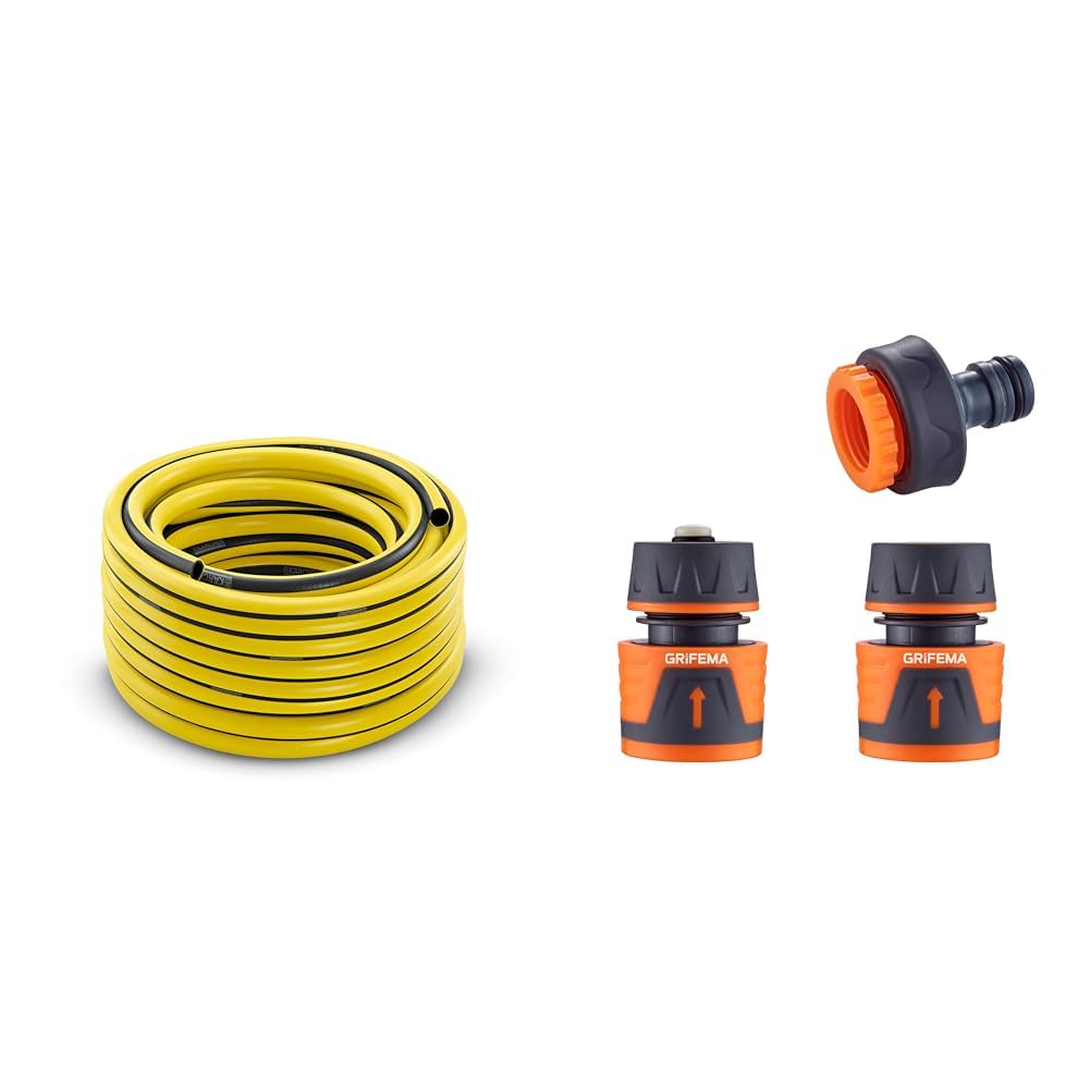 Tuyau d'arrosage jaune Karcher de 50m & GRIFEMA GE1103, Kit de Raccordement de Robinet/Tuyau de Jardin avec Connecteur Waterstop 1/2"
