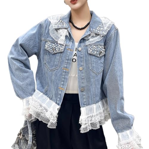 Suncadmious Veste en jean à simple boutonnage pour femme veste en jean à revers avec bordure en dentelle et poches veste en jean courte veste en jean...