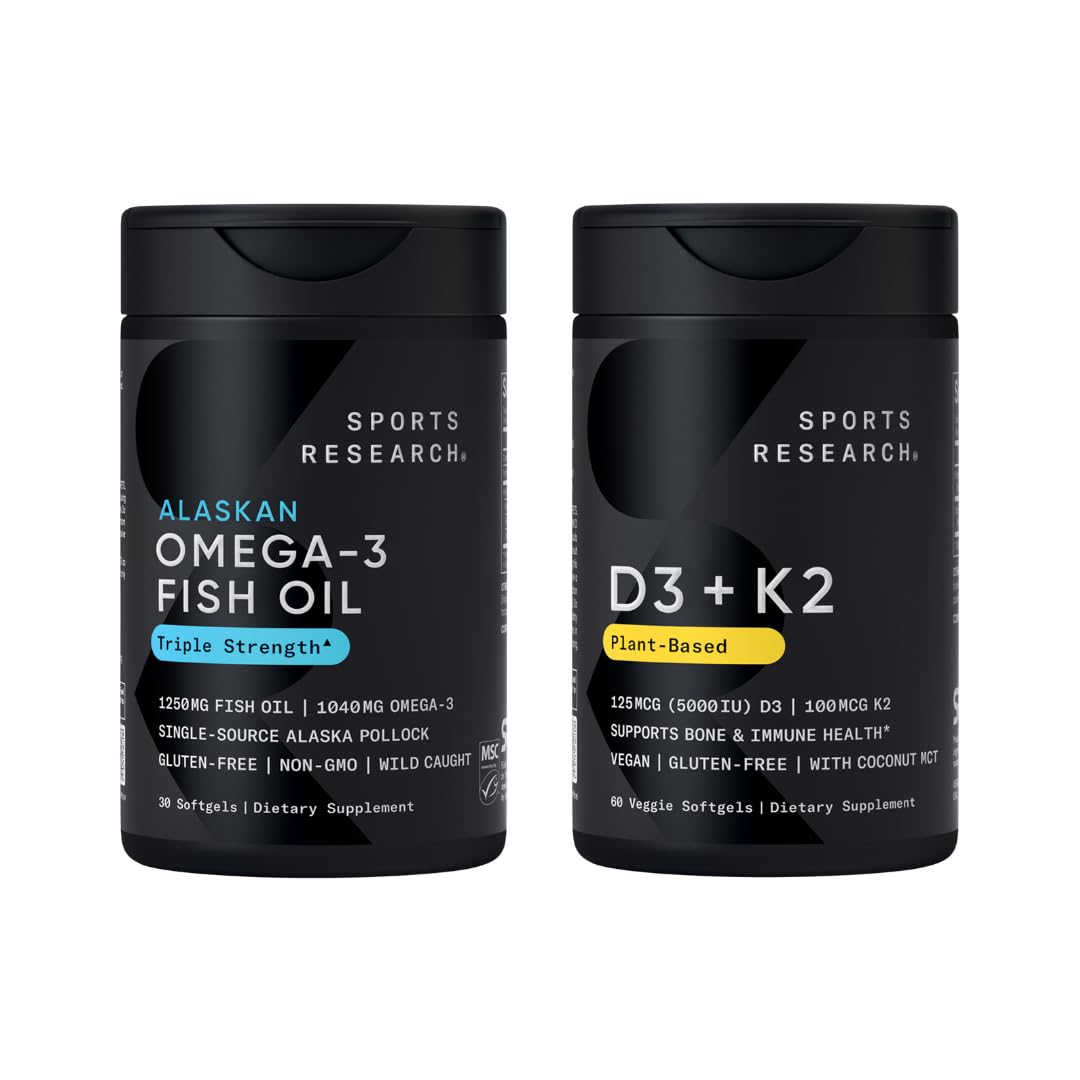 Triple Strength Omega 3 Fish Oil 1250mg EPA & DHA from Wild Alaska Pollock Burpless Supplement Sustainably Sourced and Vitamin D3 K2 with Coconut Oil Plant Based Vegan Certified