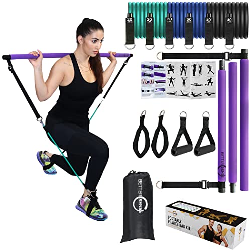 Upgraded Portable Pilates Bar Kit - Adjustable 46.5 Inches 3 Section Pilates Bar With Resistance Bands 20, 30, 40 Lbs. Home Workout Equipment For Women With 2 Foot & Hand Loops For Legs And Full Body #TOP10