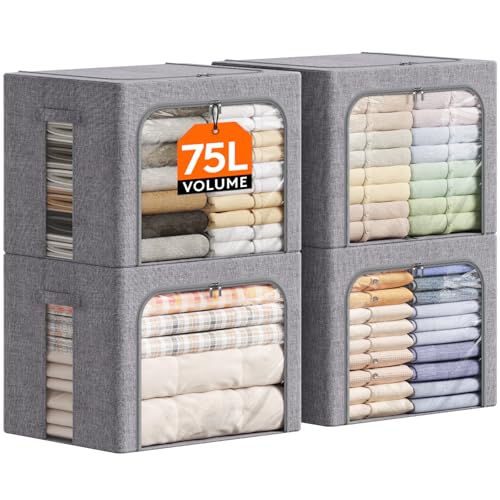 Image of Lifewit Clothes Storage Bins with Metal Frame, Stackable Storage Box, Foldable Clothing Storage Bins with Lids, 75L Storage Bags Fabric Box Organizer with Clear Window& Zippers& Sturdy Handles 4 Pack