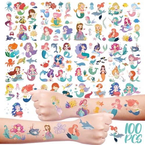 MYOKBAR Mermaid Tattoos of Kids Bulk,100 MermaidTemporary Tattoo Kids,Waterproof Temporary Tattoos for Girls Boys Birthday Mermaid Party Favors