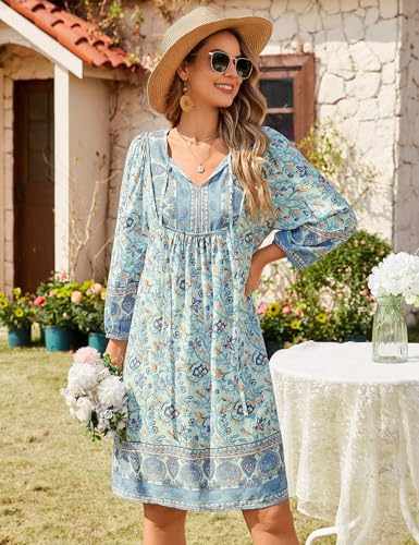 Image of Bluetime Women Casual Summer Dress Boho V Neck 3 /4 Sleeve Babydoll Floral Print Flowy Beach Dress