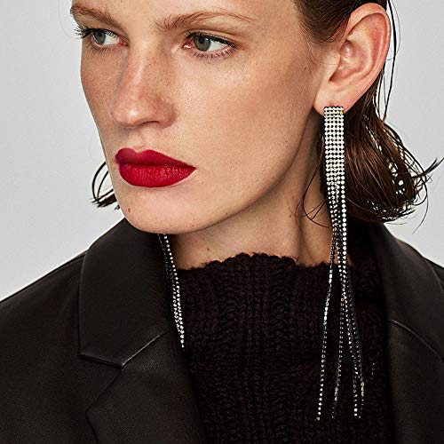 fxmimior Women Long Rhinestones Tassel Earrings Gold Bohemian Long Chain Drop Dangle Earrings Jewelry for Women