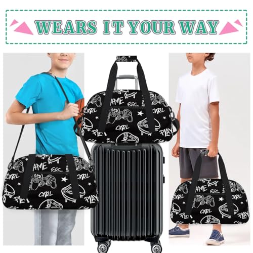 Kids Overnighter Duffel Bags for Boys Girls, Gamer Gamepad Carry-On Size Sports Gym Bag for School Practice or Overnight Travel Weekender Sleepover Workout Tote Bag 6