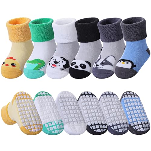 NOCIN COLOR Baby Grips Toddler Thick Cotton Thermal Socks - Non Slip Warm Cute Animal Kits (6 Pairs, 1-3 Years)