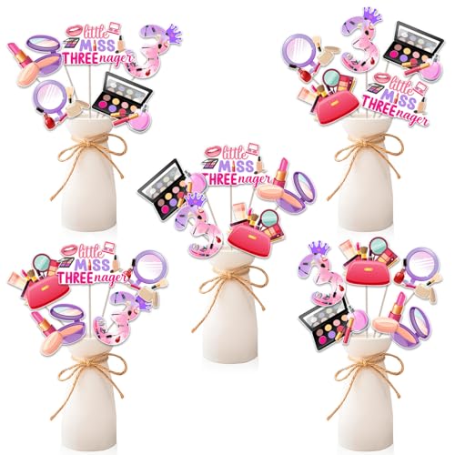 Balterever 24PCS Little Miss Threenager Birthday Decorations Table Centerpieces Sticks Makeup 3rd Birthday Party Decoration for Girls Little Miss Threenager Bday Decorations for 3rd Bday Supplies