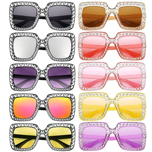 Matcheck 10 Pack Women Sparkling Crystal Sunglasses Oversized Square Diamond Thick Frame Glasses Funky Girls Party Eyeswear