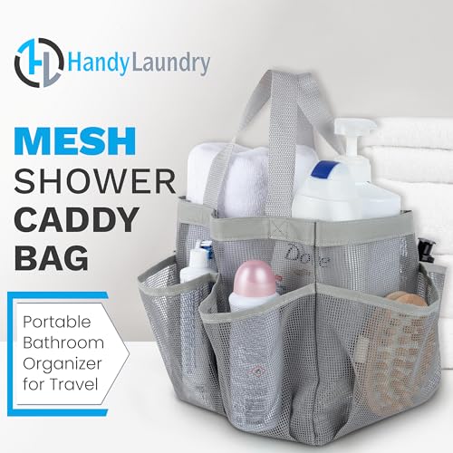 Handy-Laundry-Mesh-Shower-Caddy--7-Pocket-Portable-Organizer-Tote-for-College-Dorm-Gym-Travel-Bathroom--Quick-Dry-Collapsible-Lightweight-Shower-Bag-with-Handle-Gray
