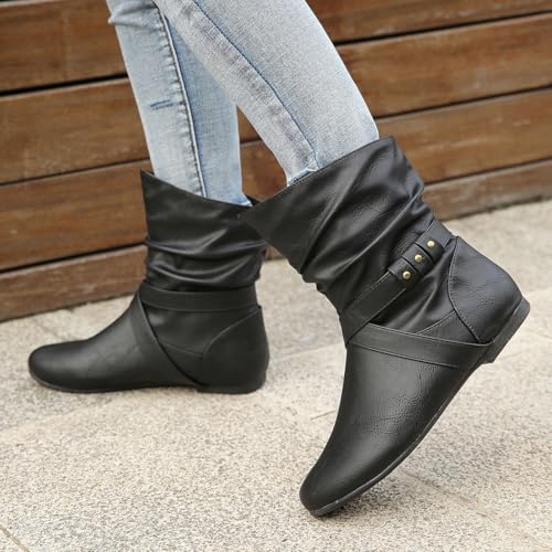 Women's Studded Ankle Booties - Low Heel Round Toe Casual Boots with Metal Decor, Comfortable Slip-On Flat Boots for Everyday Wear 5