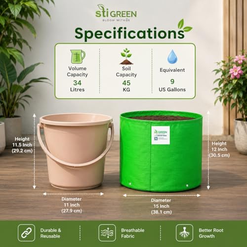 Image of HDPE Grow Bags for Plants 15X12 Inch (Pack of 10) | 260 GSM Heavy Duty UV-Protected Round Green Colour Plant Bags for Terrace and Vegetable Gardening | Strong & Reusable|