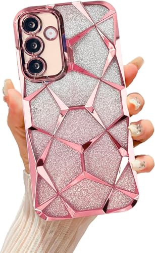 Image of VONZEE Gradient Glitter Case for Samsung M16, Luxury Electroplated 3D Cube, Diamond Bling Shiny Soft TPU Clear Shockproof Women Girls Protective Phone Cover (Rose Gold)