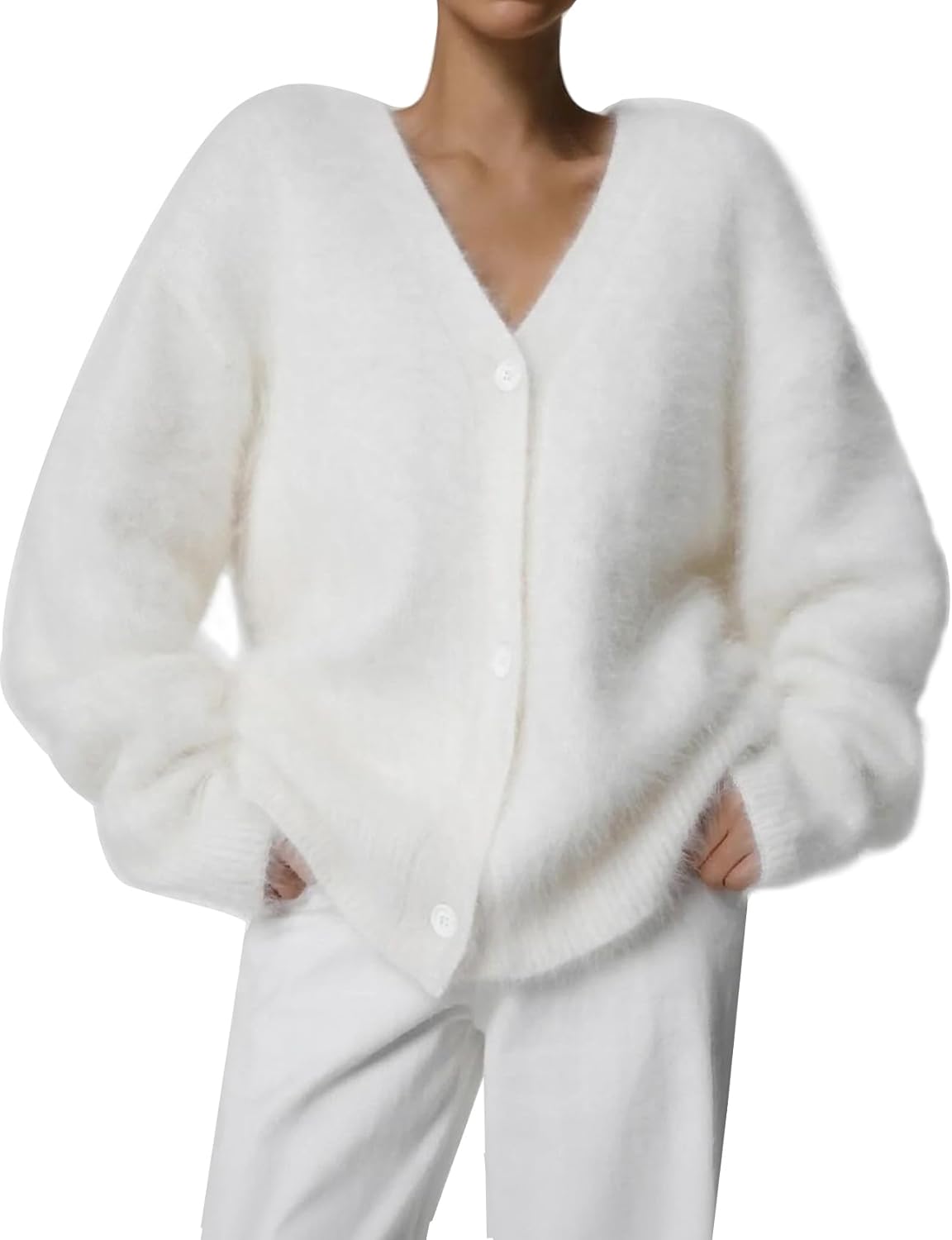 Flygo Womens Fuzzy Mohair Cardigan Sweaters V Neck Button Down Long Sleeve Fluffy Knit Open Front Slouchy Furry Sweater