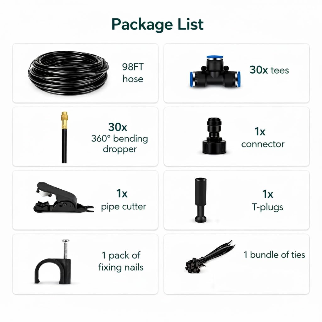 360° Adjustable Drip Irrigation System - Compatible 1/4" Irrigation System, 50FT Garden Watering Atomizing System with 15 Nozzles, Greenhouse Accessories for Yard, Lawn, Plants, Garden (98Ft)