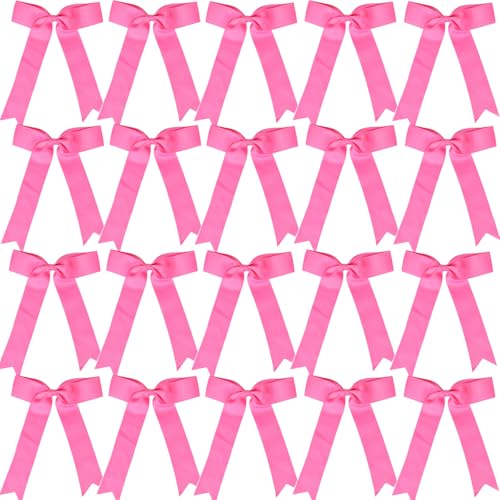 Hipcheer 20pcs Collegiate Style Cheer Bows for Girls Long Tail Skinny Cheer Bow Ponytail Holder Handmade Bows for Girls Teens Softball Cheerleader Sports (Hot Pink)