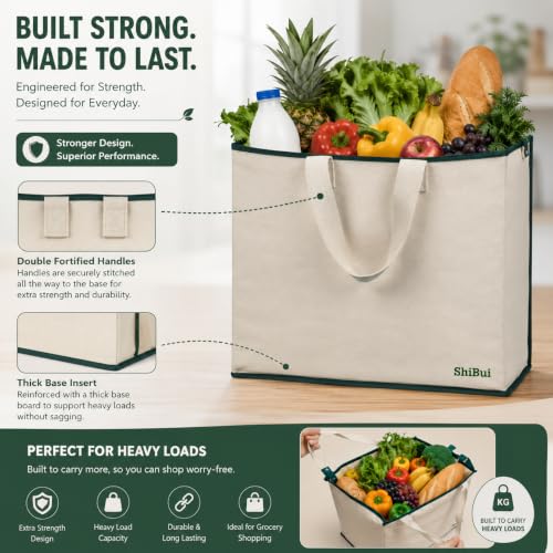 Image of SHIBUI Canvas Reinforced Cotton Handles with Multipurpose Clothes Storage Organizer & Grocery vegetable shopping and Covers Zip Bags. (Green, 4 Piece)