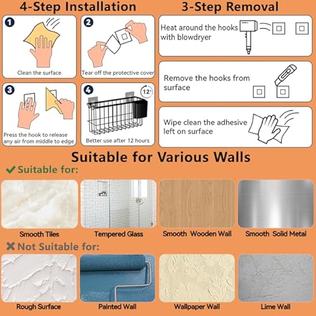 3 Pack Hanging Storage Basket Organizer, Adhesive Wall Mounted Metal Bins with Removable Cup, No-Drill for Kitchen, Fridge, Bathroom, Cabinet Door, Laundry