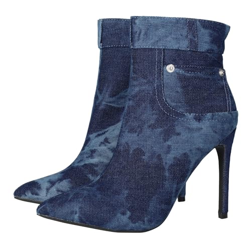 ZAPATOP W1066 Stivaletti con tacco da donna in tessuto jeans, finitura a punta, chiusura a cerniera, altezza tacco 10 cm. Donna Stivaletti, JEANS, 41 EU