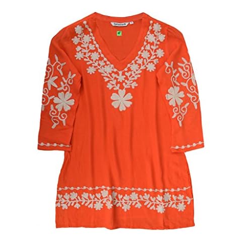 Nia Embroidered Crepe Rayon V Neck Tunic: Cream Embroidery on Orange: Sz L Cover