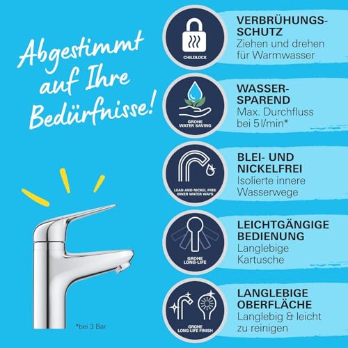 GROHE Swift - Badarmatur mit Verbrühschutz für Kinder (wassersparend, ~16cm hoch, inkl. Montagewerkzeug, Push-Open Ablauf), chrom, 24319001