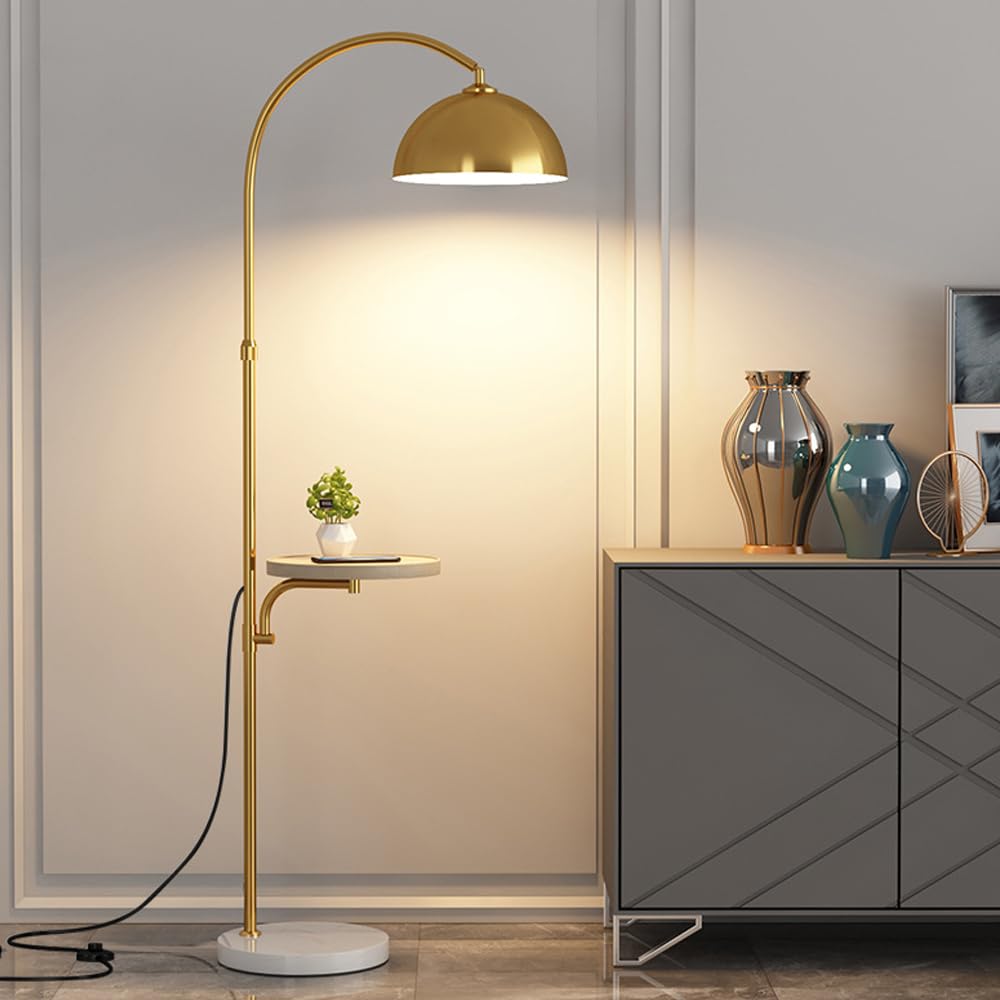 KlkrzJwy Modern Globe Iron Floor Lamp with Wooden Desktop Height Adjustable Floor Light Marble Base Standing Lamp E26 Dimmable Tall Light for Living Room Bedroom Study Dining Room