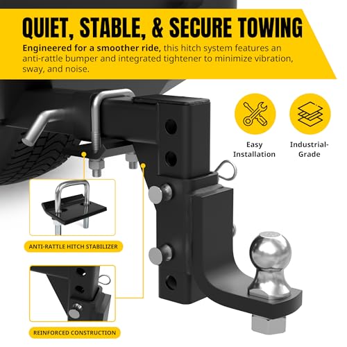 Image of MaxxHaul Adjustable Trailer Hitch Ball Mount with Locking Hitch Pin and Stabilizer, Fits 2 inch Receivers, Anti-Rattle Design with Rubber Stabilizer Pad, 7,500 lb GTW Capacity (51188)