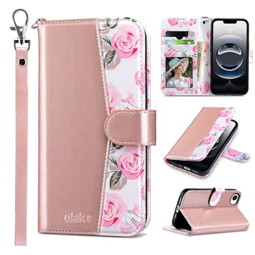 ULAK Compatible with iPhone 16E Wallet Case/iPhone 17E Wallet Case with Card Holder PU Leather Case with Kickstand Card Slots Wrist Strap Durable Shockproof Protective Cover 6.1 inch Rose Gold