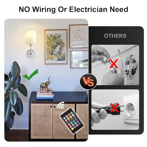 Image of Battery Operated Wall Sconce Set of Two,Wireless Rechargeable Wall Light With Remote Control, Dimmable, 1800K /3000K /4000K /6000K /RGB, Timer, for Living Room, Bedroom, Fireplace, TV, 13.5 Inch, Chrome