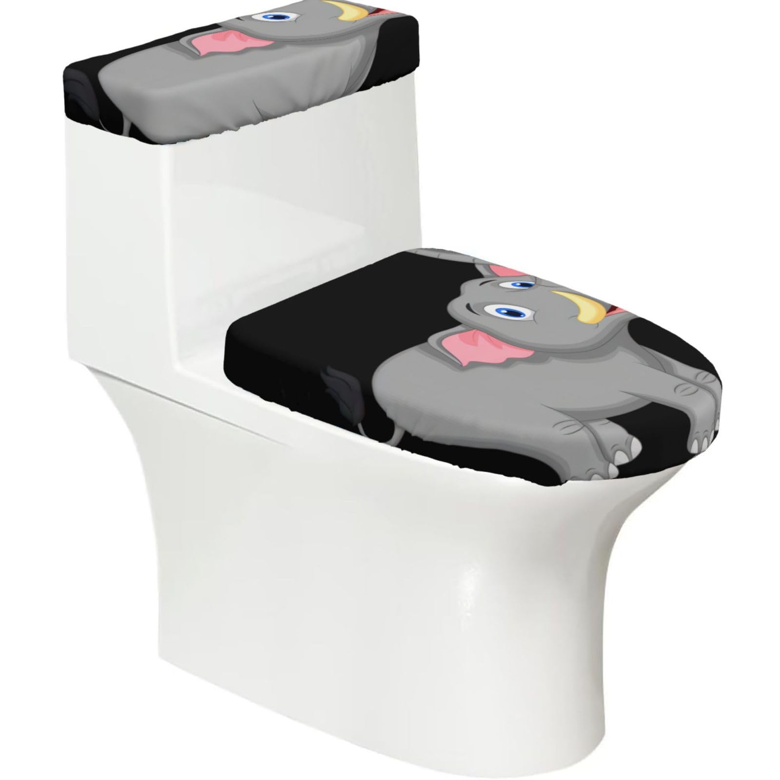 Wzycwb Black Cartoon Elephant 2-Piece Toilet Seat Cover Set With Tank Lid, Elastic Fit For U-Shape & Elongated Toilets, Bathroom Decor, Housewarming Gift