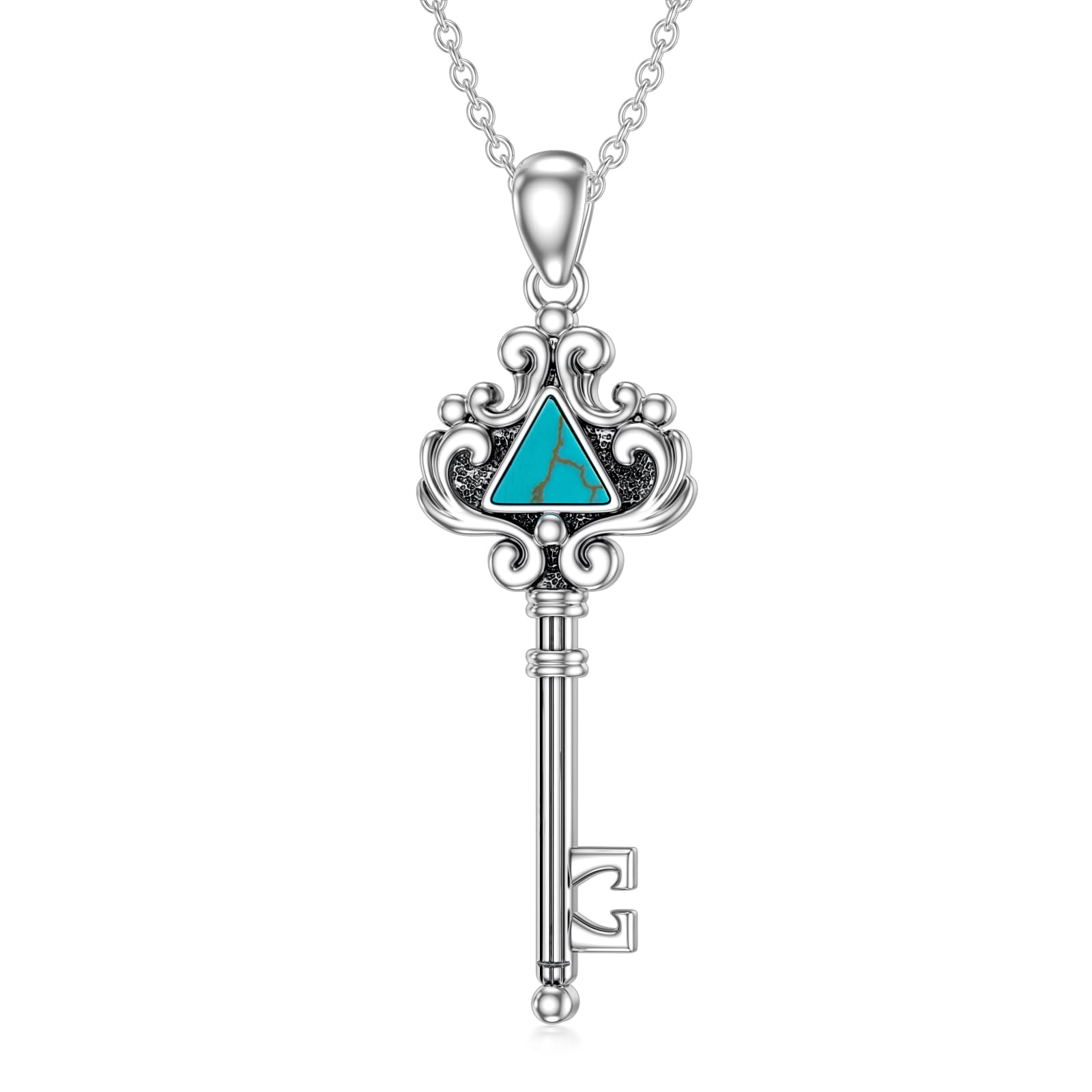 Schlüssel-Halskette 925er-Sterlingsilber Dreieck echter Türkis-Edelstein Schlüsselanhänger Western-Bohemian-Schmuck Geschenke für Frauen