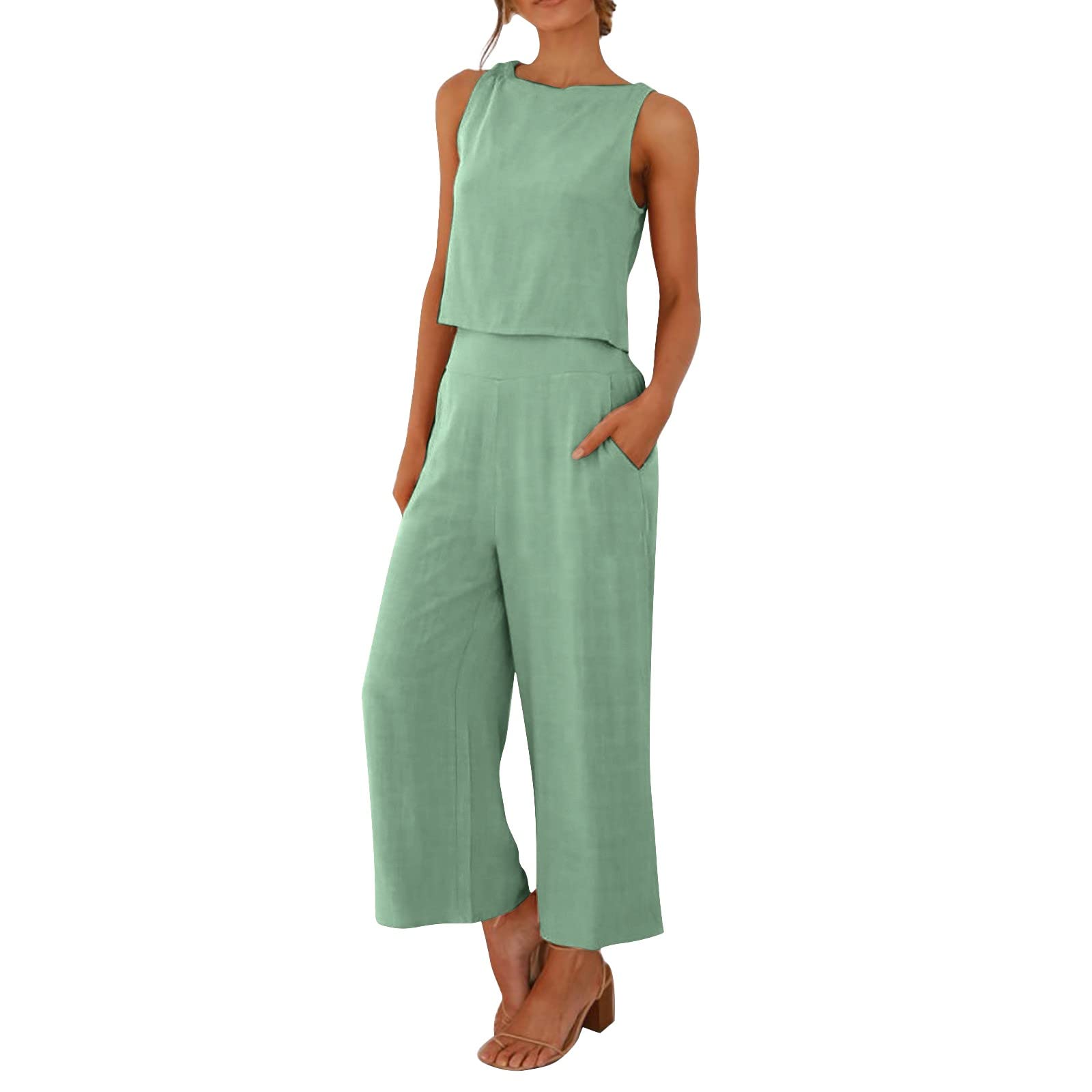 Generic Conjuntos de dos piezas para mujer, conjuntos de lino para mujer, traje de moda cómodo chaleco y pantalones largos, color sólido, pantalones de nieve medianos para mujer