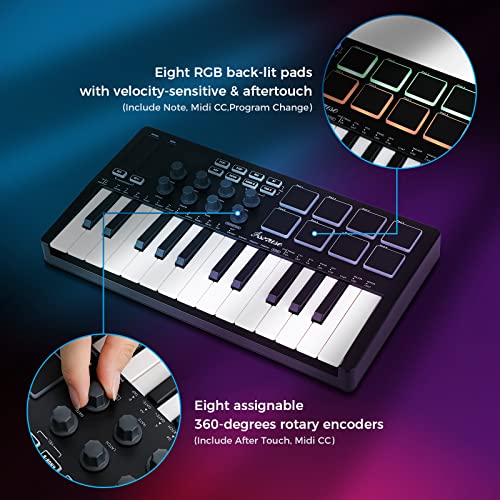 Asmuse Wireless Midi Keyboard, 25 Keys Usb Midi Controller Keyboard With Bluetooth, Professional Mini Mk3 With Beat Pad, Knobs And Keys (Black) #TOP1