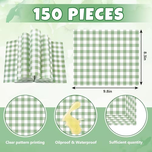 Papel encerado verde salvia a cuadros para sándwiches y picnic, impermeable y antigrasa, 150 uds 3