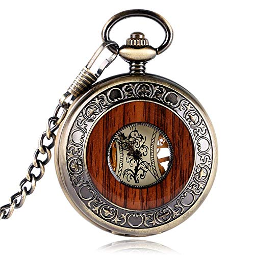 Q.AWXI Pocket Watch Retro Bronze Hollow Case Roman Number Skeleton Hand-Wind Mehanical Fob Pocket Watch ES with Chain Reloj de bolsillo