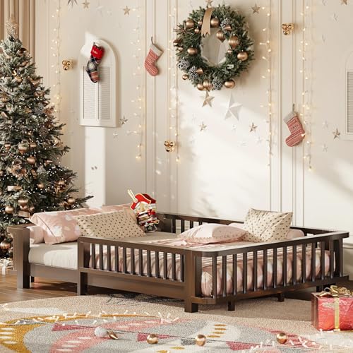 Kids Full Floor Bed with Rails and Wooden Slats