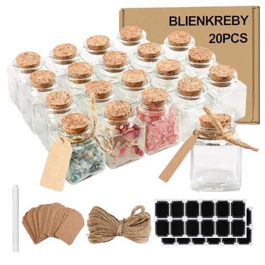 BLIENKREBY 20 Stück Mini Glasflaschen mit Korken - 50ml, Reagenzglas mit Korken, Quadratisch Kleine Glasflaschen zum Befüllen mit Etiketten und Schnur, für Hochzeitsgeschenke, Party, Taufe, Candy Bar
