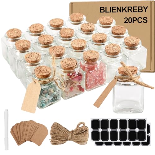 BLIENKREBY Lot de 20 Petite Bouteille en Verre, 50 ml Fiole en Verre, Mini Pot Conservation Carré avec Étiquettes et Ficelle, Mini Bouteille pour Mariage, Fête,...
