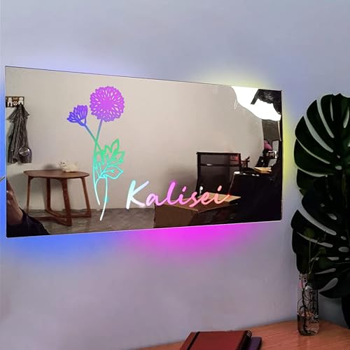 Espejo de flores de cumpleaños con nombre personalizado, luz LED, letreros de neón personalizados con luces LED, letrero de nombre personalizado