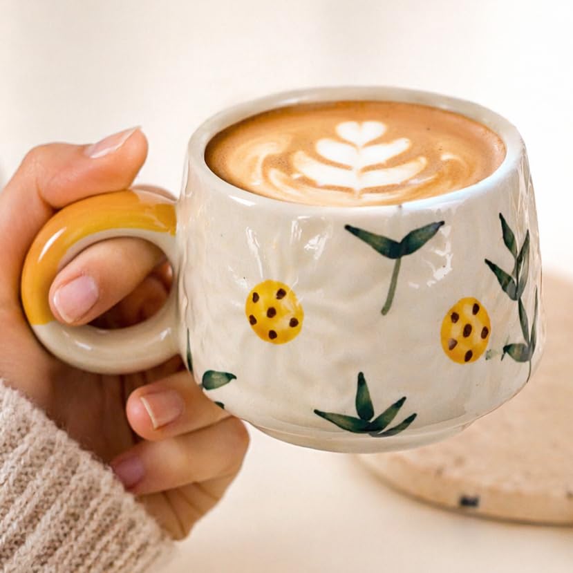 Image of Handcrafted Ceramic Floral Coffee Mug | Daisy Flower Design Tea & Coffee Cup for Home, Office & Gifting | Microwave Safe Mug (Sunflower Set of 1)