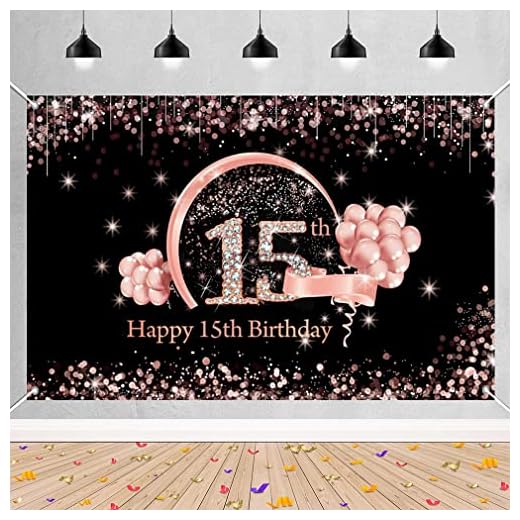 15 cumpleaños niña decoración 15 cumpleaños pancarta negro y oro rosa, Happy 15th Birthday tela cartel cartel cartel 15º cumpleaños fondo bandera para niñas fiesta de cumpleaños decoración