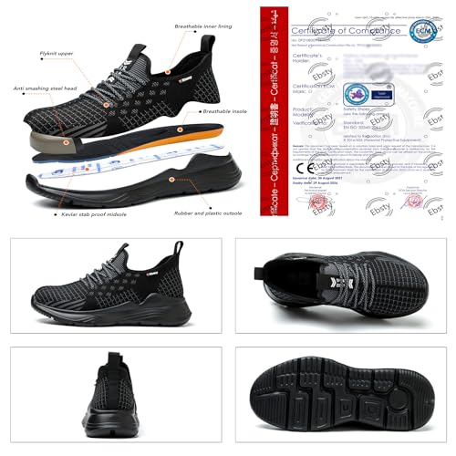 Foto von Ebsty Sicherheitsschuhe Herren Arbeitsschuhe Damen Leicht Stahlkappenschuhe Wasserdicht rutschfest Schutzschuhe Sneaker mit Stahlkappe Schwarz 43